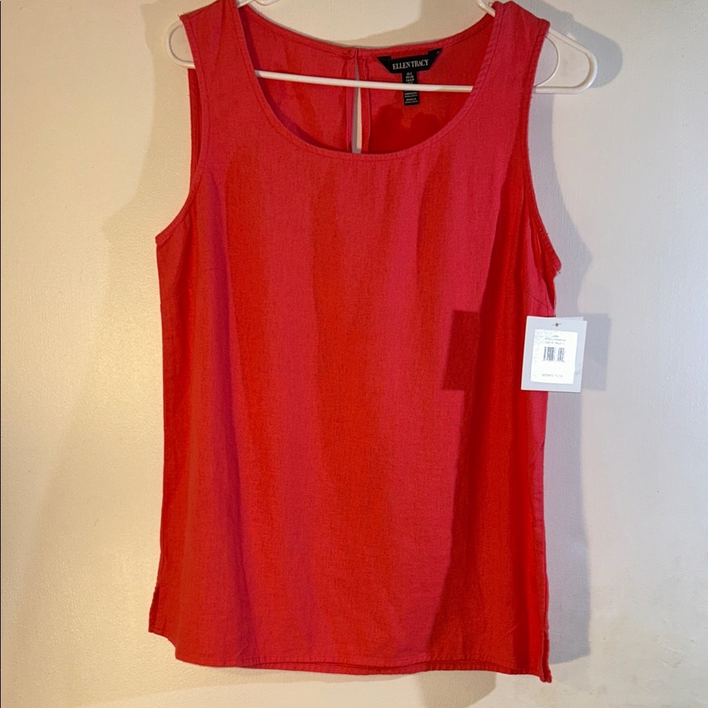 NWT Ellen Tracy Linen Hibiscus Color Linen Sleeveless Blouse